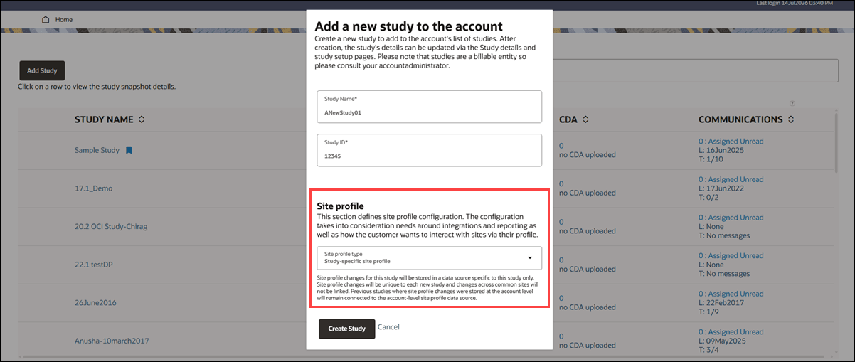 My Dashboard page showing the Add a new study to the account modal with new Site profile section at the bottom