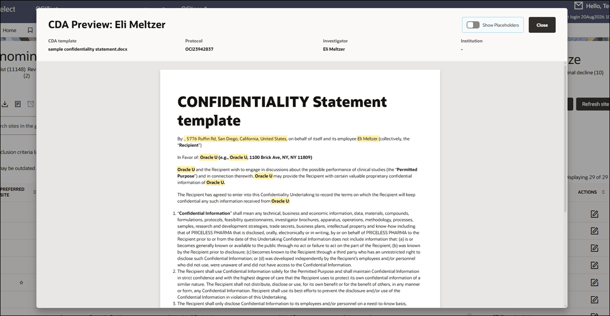 CDA preview window with placeholder toggle located at upper right in default off position