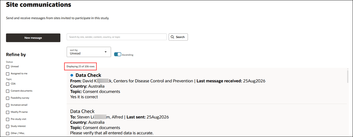 Site communications page showing new counter at the upper left of the list