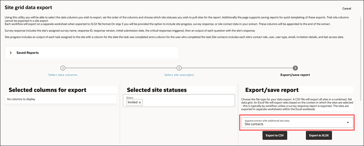 Site grid data export showing updated Append extract with additional site data drop-down label and Site contacts selected from the drop-down options