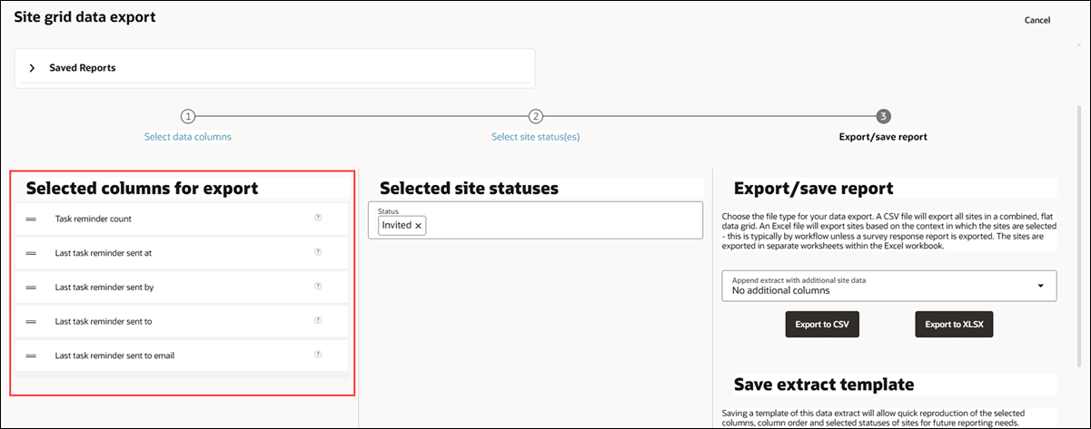 Site grid data export page with new reminder columns selected for export