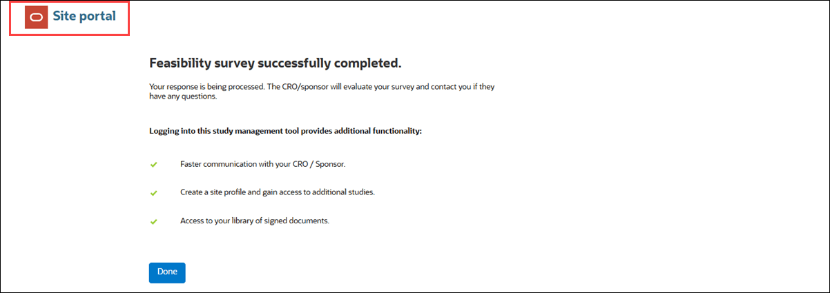 Site portal survey completion page with updated logo