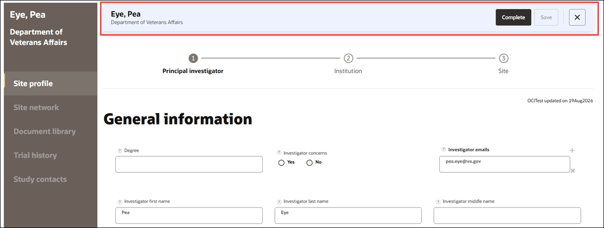 Pinned action bar at the top of the site profile allows you to complete the task, save changes, or close the profile