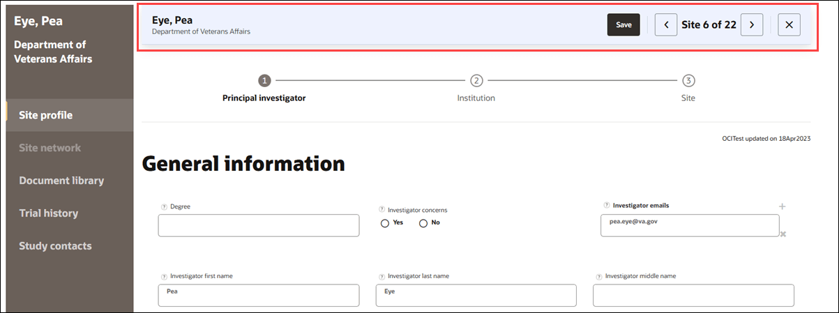 Pinned action bar at the top of the site profile allows you to move from previous to next site profile