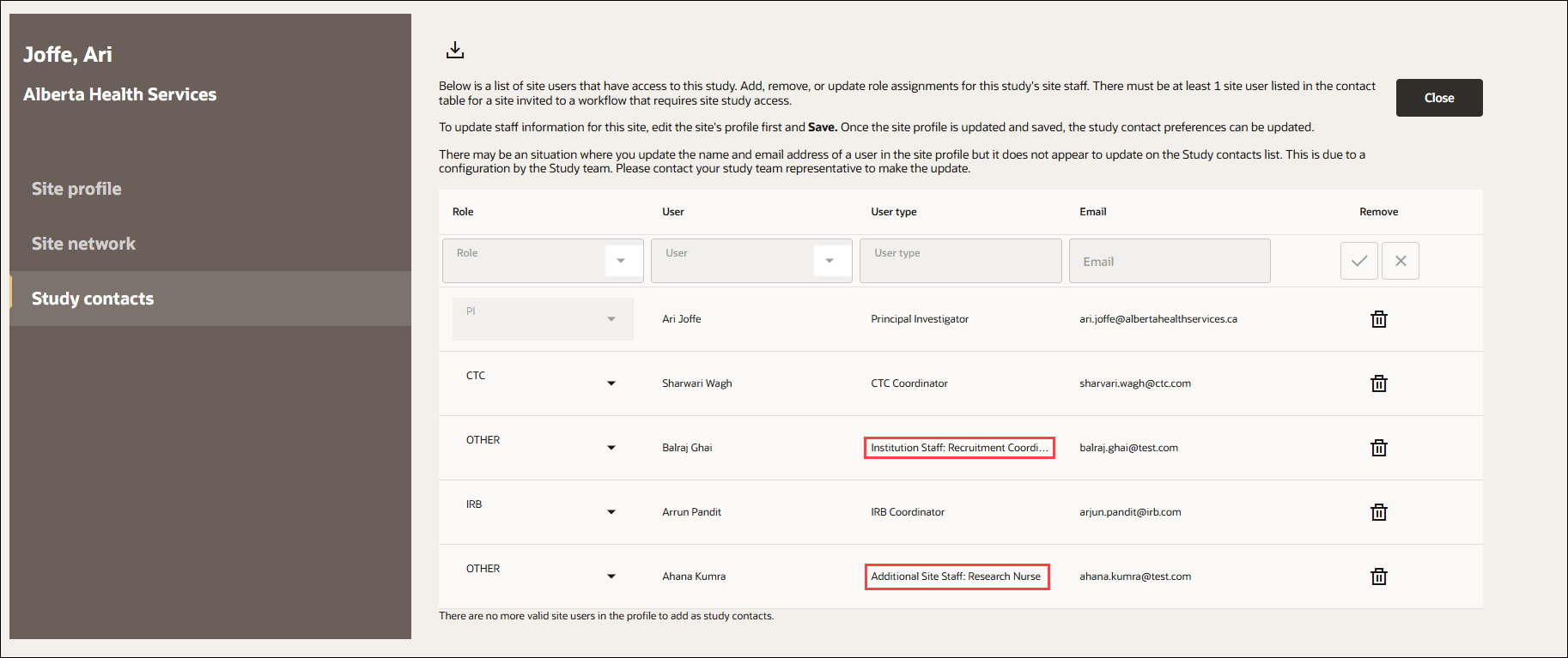 Site profile Study contacts tab showing custom values&nbsp;