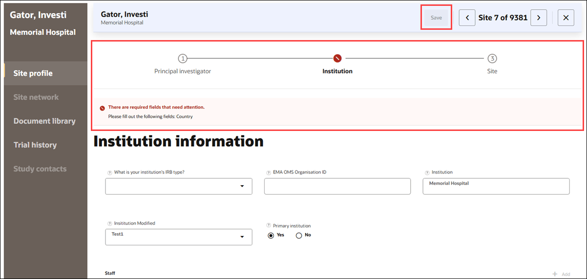 Train menu located below the pinned action bar displays an error message if required fields are not populated