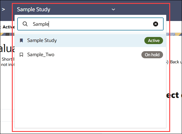 Study picker showing active search field at the top and study status badges for each listed study