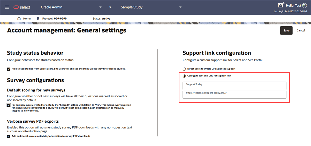 Account management General settings showing the text and URL fields for a custom support link