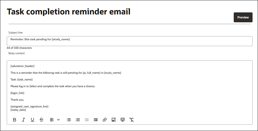Example task reminder email template showing default text and placeholders
