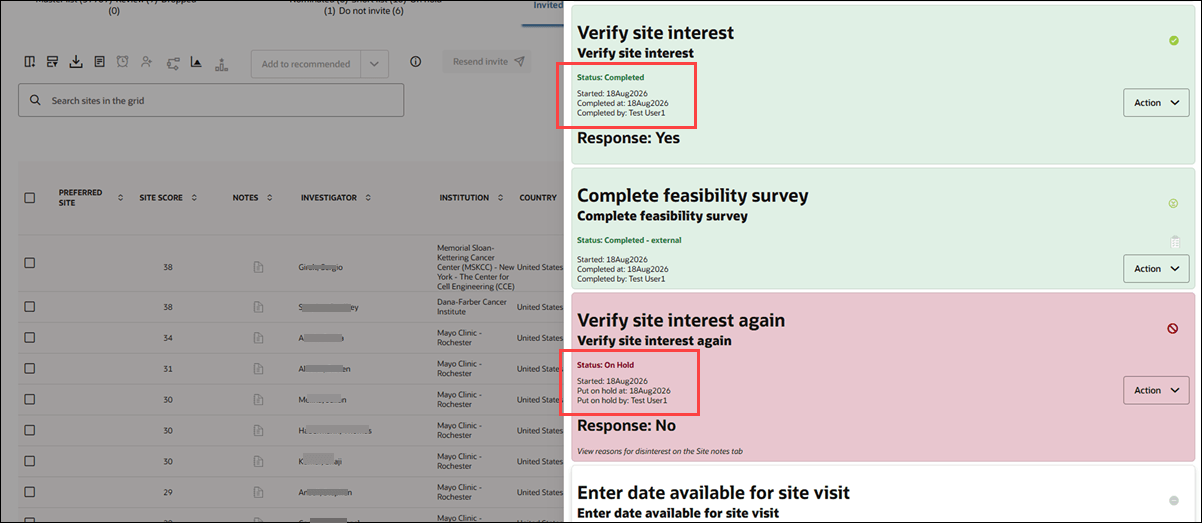 Workflow task drawer showing a task in Completed status and On hold statuses displaying completion and hold metadata