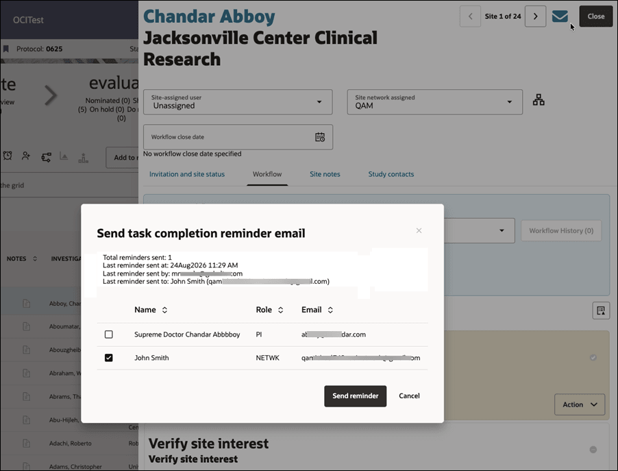 Reminder modal with reminder history shown above the list of potential email recipients