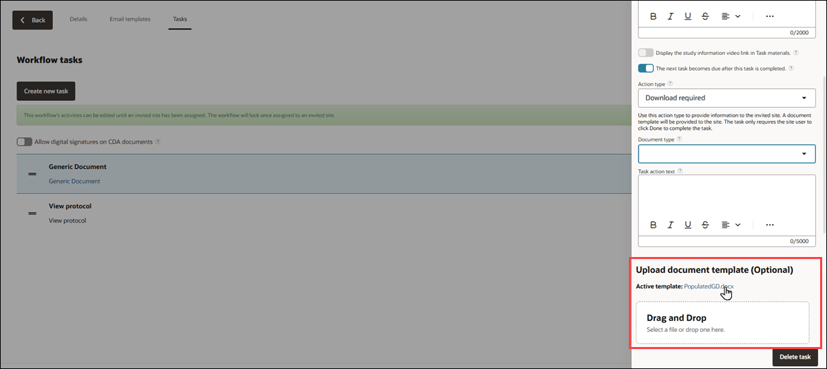 Workflow task drawer with new Upload document template section showing Active template document URL and Drag and Drop upload target
