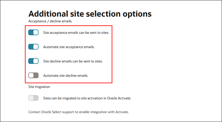 Additional site selection options section on the Study details page shows the new Accept/Decline email switches with enabled switches moved to the right
