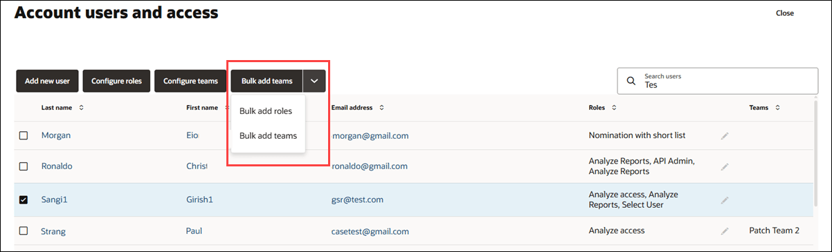 Account users and access page showing the new checkbox column and the Bulk add button options