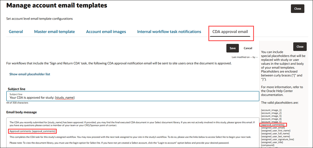 CDA approval email tab showing template and open placeholder list