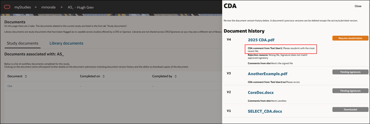 Site portal Study document tab showing open CDA document drawer and CDA reviewer comments
