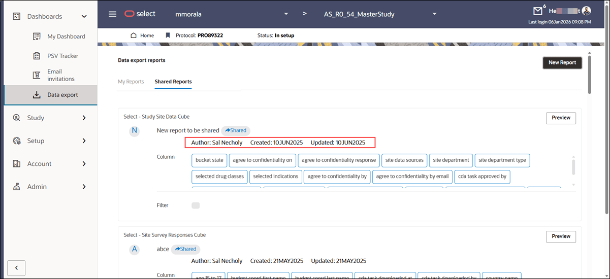 Data Export Utility showing Shared Reports tab where reports show Author, Created date, and Updated date metadata