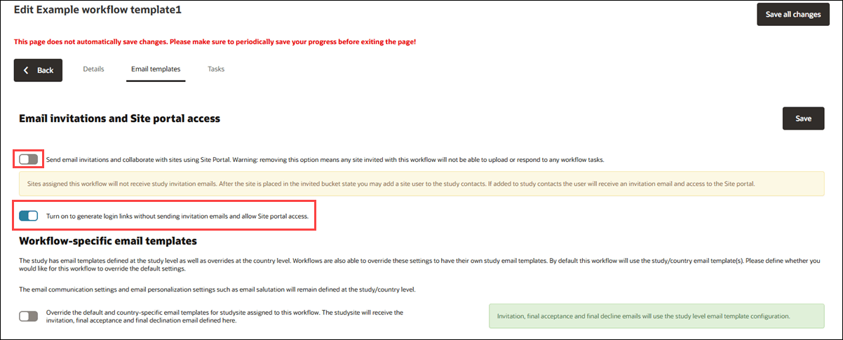 Workflow email template settings showing disabled Send email invitations switch and enabled generate login links switch