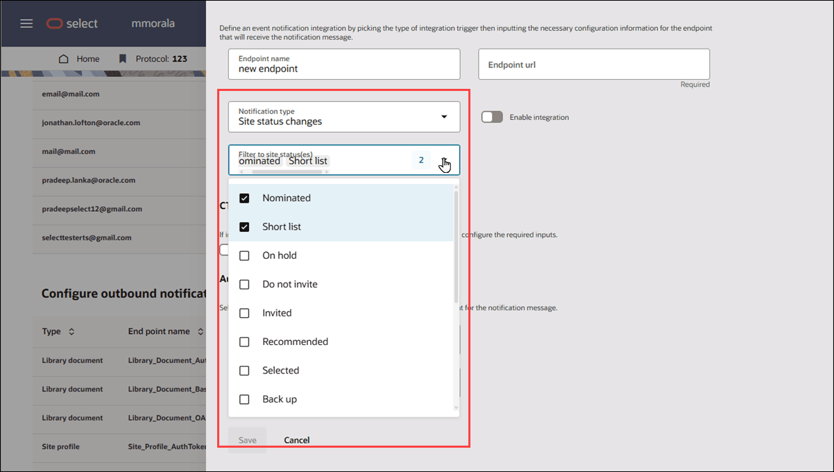 Outbound event notification configuration drawer showing the Filter to site status(es) drop-down with the Nominated and Short list check boxes selected