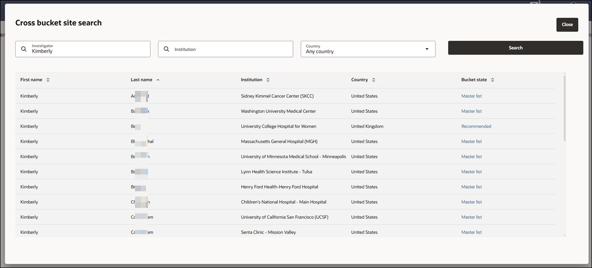 Cross bucket site search modal showing search fields and a list of search results