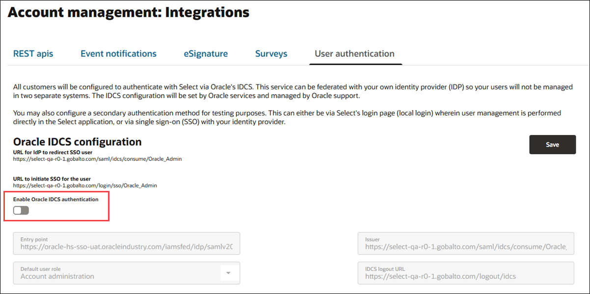 Account Integrations page showing the new Enable Oracle IDCS authentication toggle control in the off position