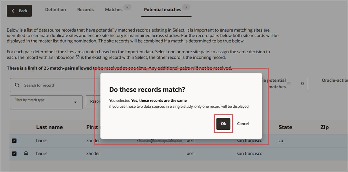 Confirmation modal for matching records has Ok and Cancel buttons