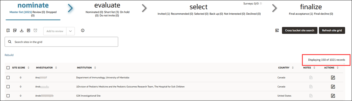 Site grid showing displayed records text at the upper right.