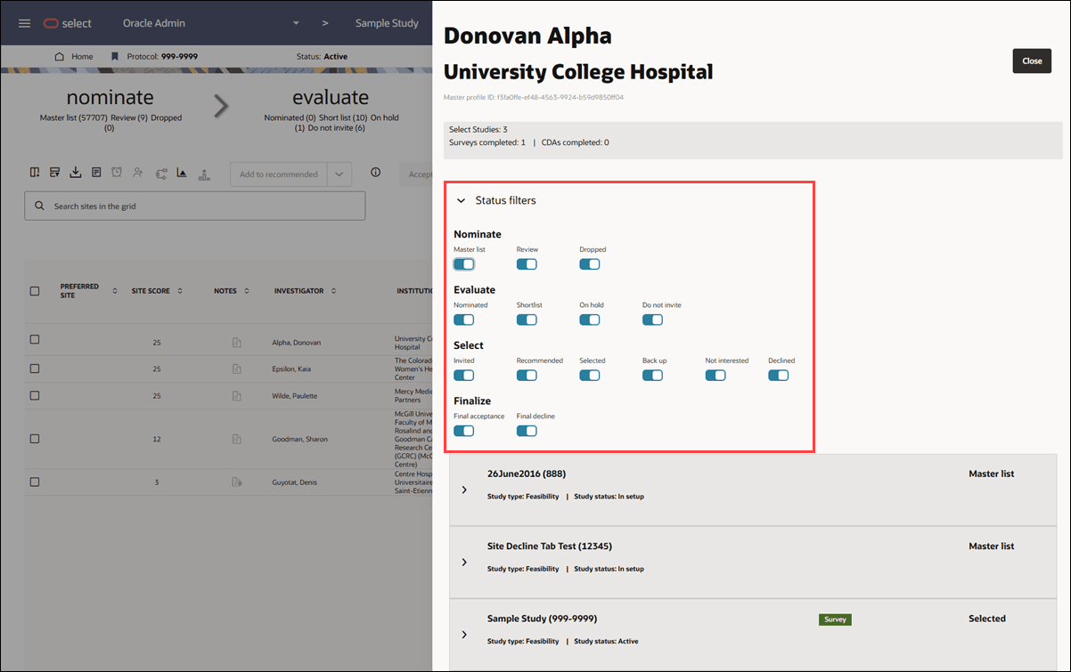 Site history drawer showing opened Status filters section with multiple bucket state filters toggled to the on position