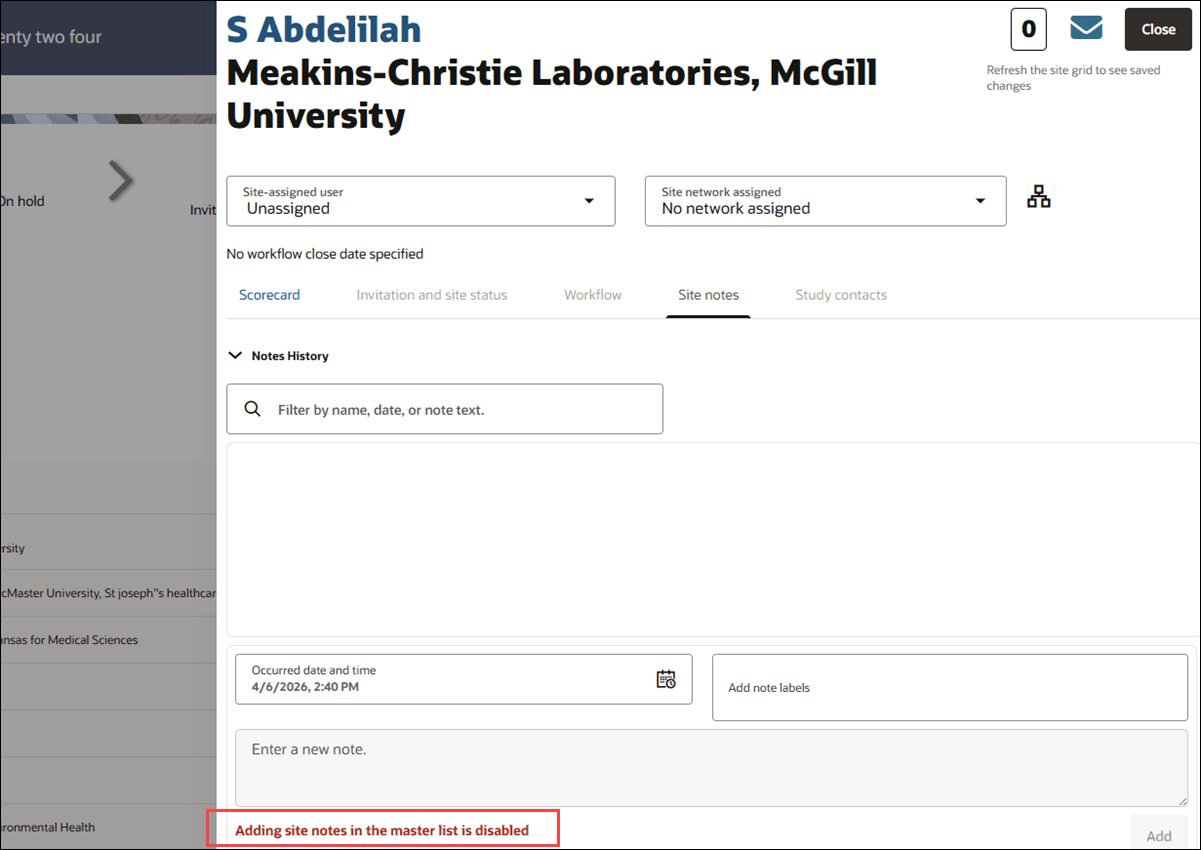 Site notes modal with new helper text