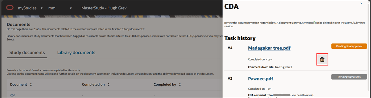 Open Study document CDA drawer showing delete icon