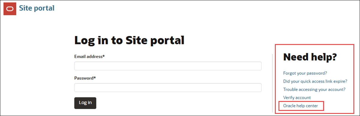 Oracle help center link on the Site portal login page
