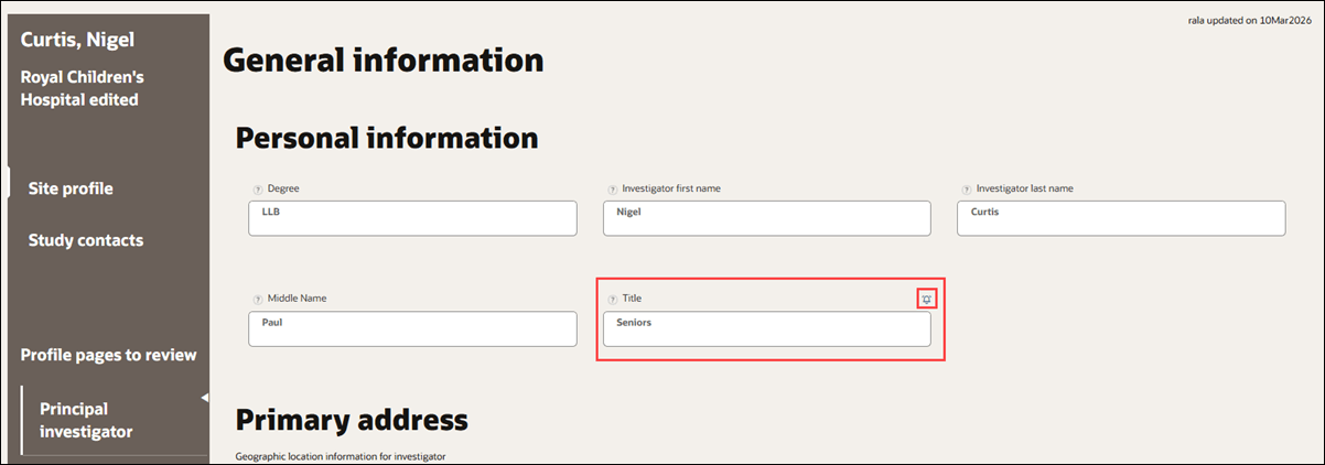 Site profile with alert bell icons next to fields that have been updated since the last review