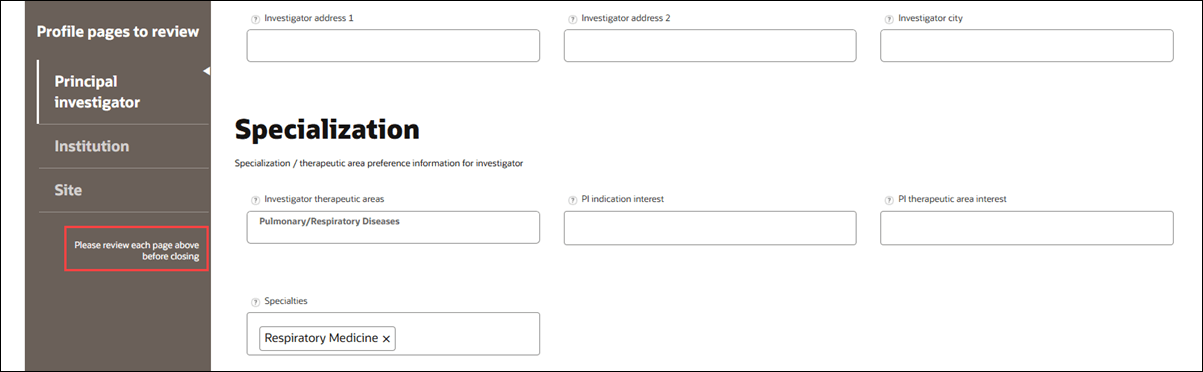 Site profile showing review prompt text immediately below the Profile Pages to Review section