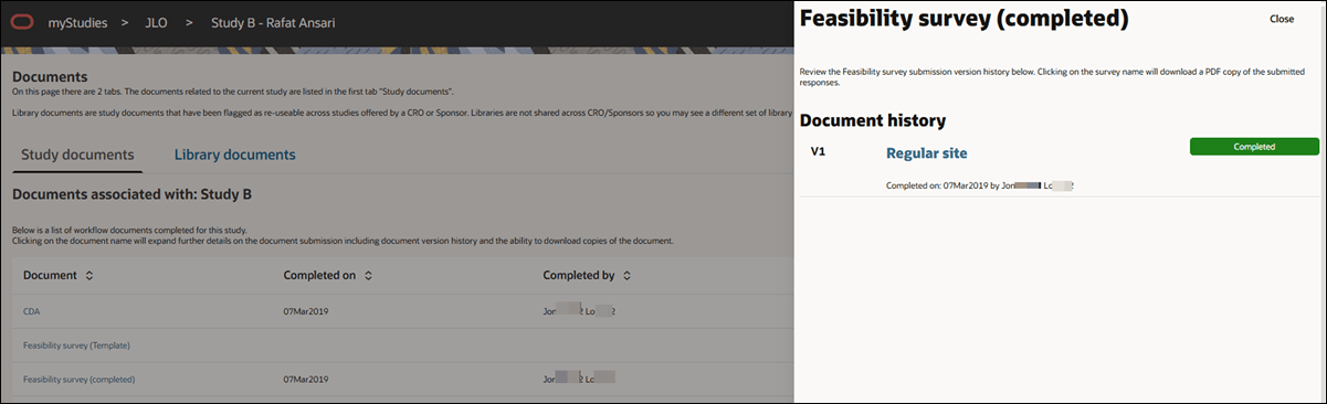 Study documents tab with open drawer showing a completed survey task with completion details