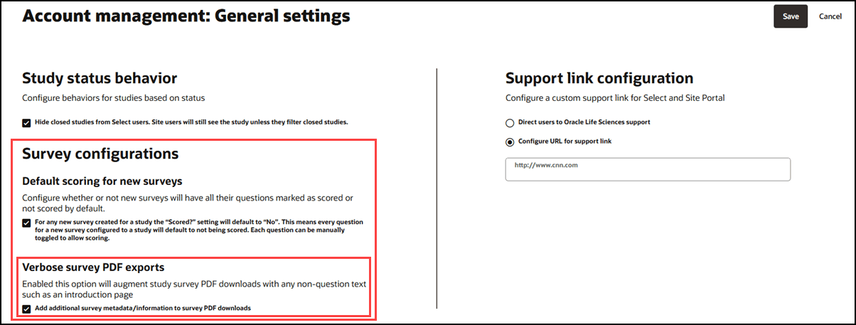 Survey configurations section under Account settings shows the new Verbose survey PDF exports checkbox
