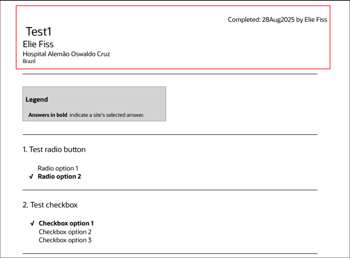 Example survey PDF output with study details at the upper left and survey submission details at the upper right