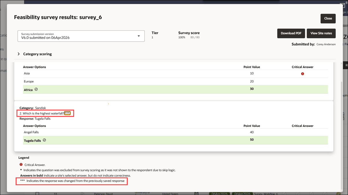 Survey results modal showing three asterisks at updated response and new Legend item stating *** Indicates the response was changed from the previously saved response