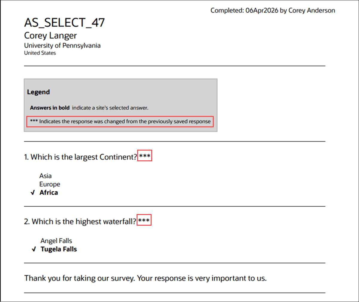 Survey response PDF showing three asterisks appended to the question to indicate a changed response