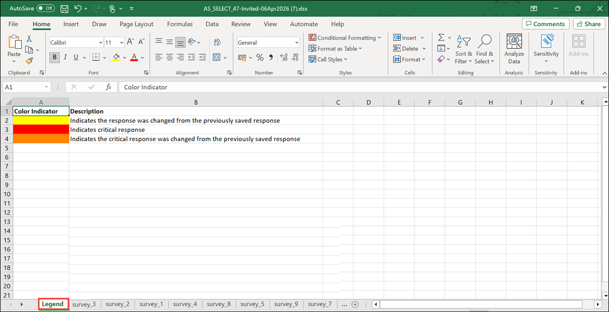 Survey XLSX export showing new Legends sheet