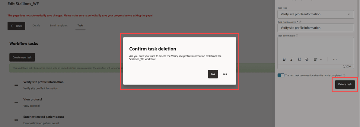Open workflow task drawer showing the Delete task button at the lower right and an open Confirm task deletion modal with No and Yes options