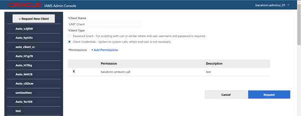 Selected permissions are displayed in a table, on each row.