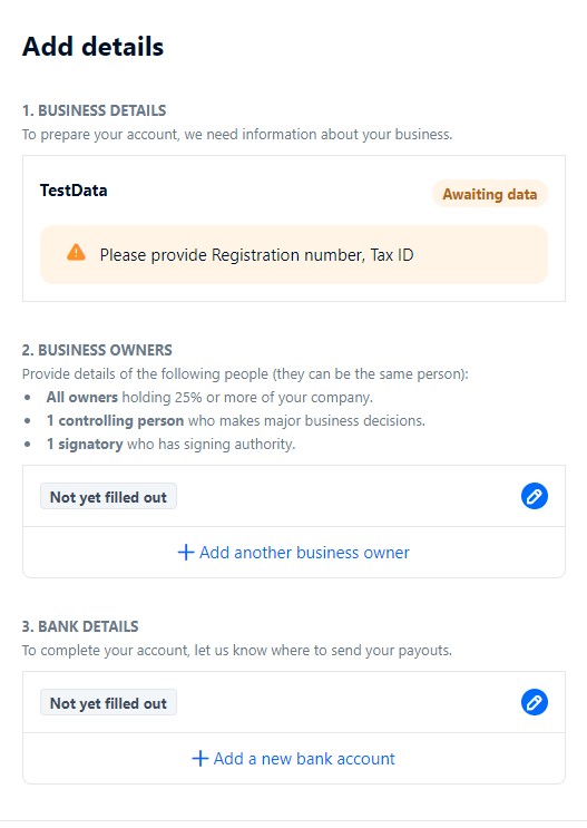 The image shows links to add business details, business owner details, and bank details.