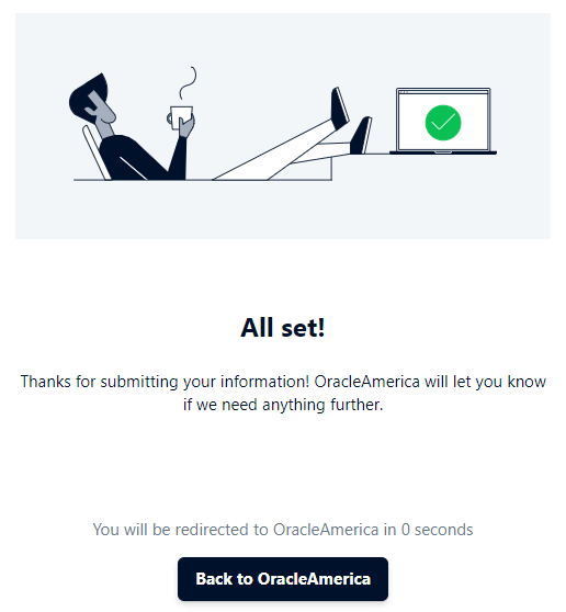 The image shows a message that says “All Set!”, confirms verification, and redirects you back to the verification tab.