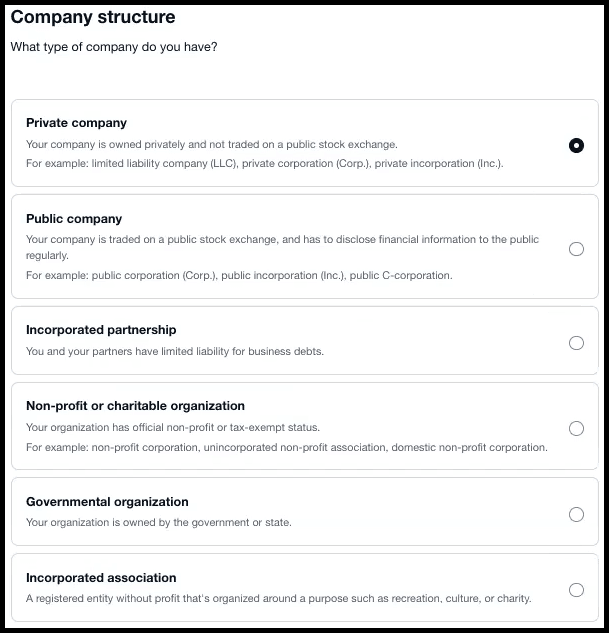 Company structure selection screen with options such as private, public, partnership, nonprofit, government, association