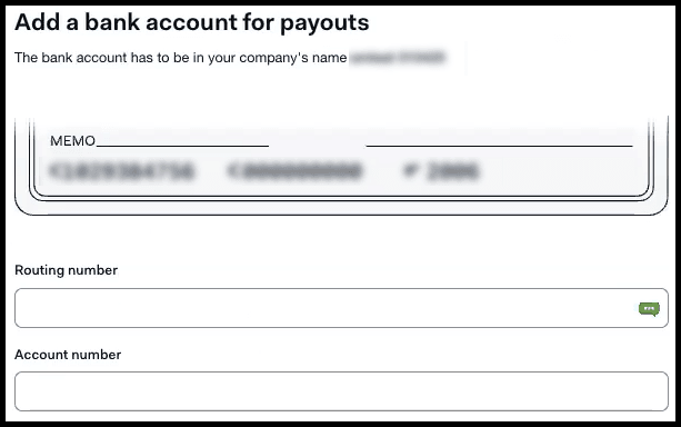 Bank account entry form for routing number and account number