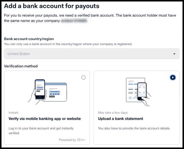 Payout details screen to select a verification method (bank app or manual entry)