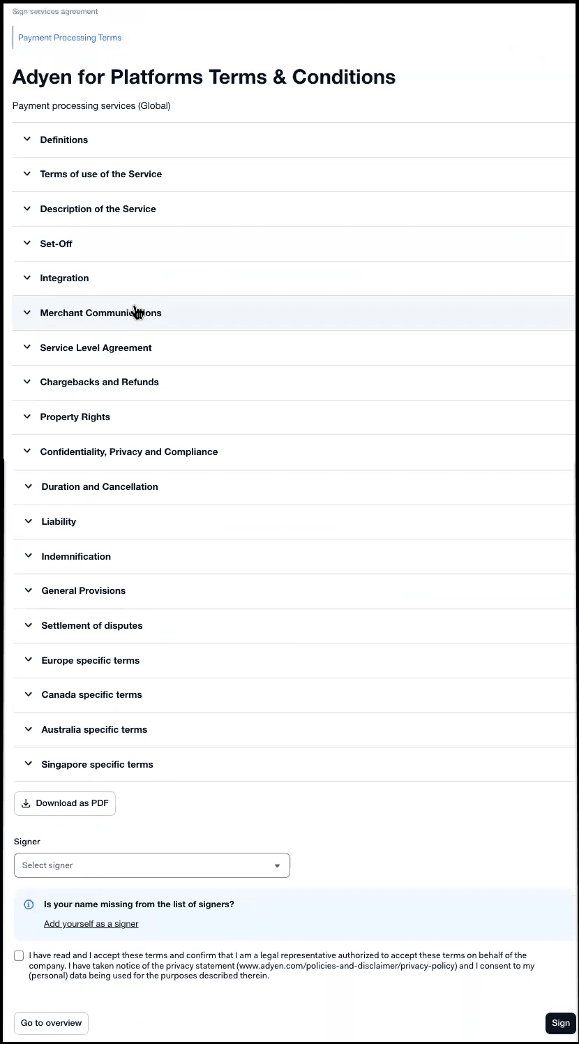 Services agreement page with signer selection control