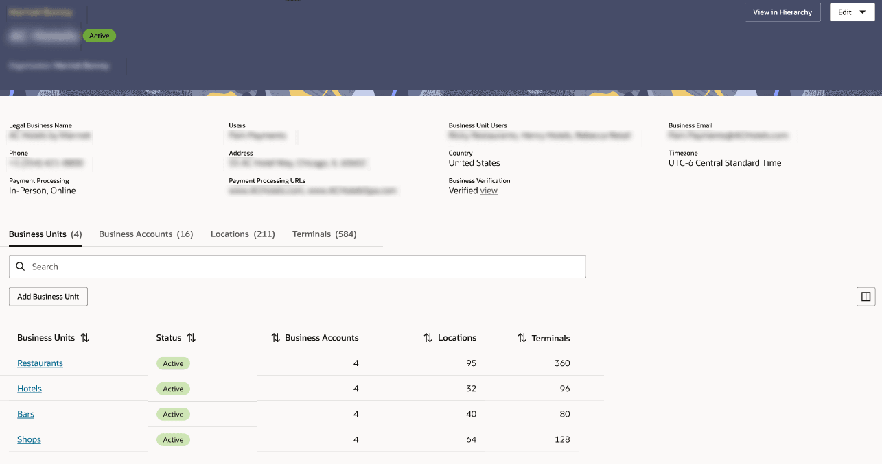 Screenshot showing the Business page within Business Management including contact info at the top, a search bar in the middle, and statuses below