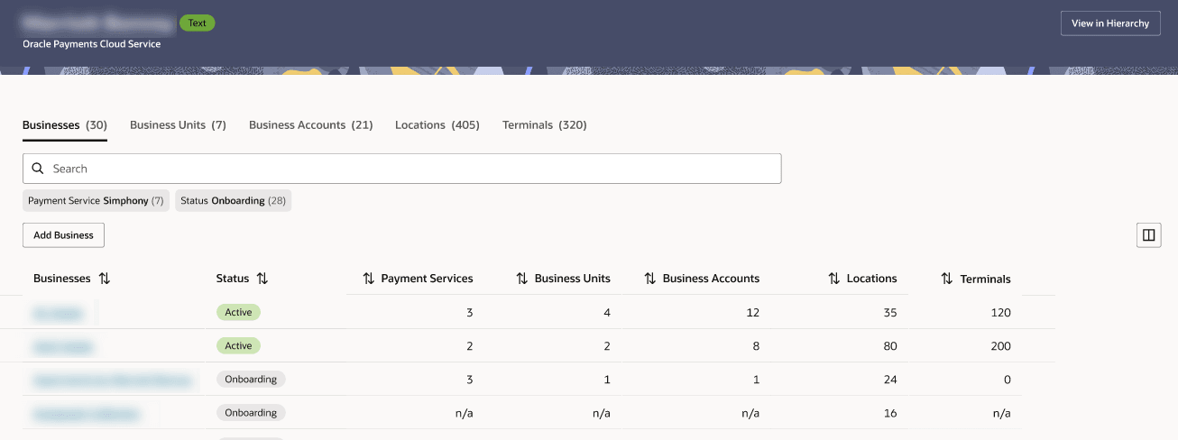 Screenshot showing the Business Management page with links at the top to businesses, business units, business accounts, locations, and terminals. Then a search bar below and at the bottom businesses with links listed at the bottom