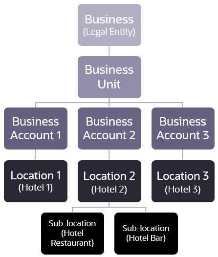 A chart with the highest level as business, then business unit, then 3 business accounts, then a location under each business account, then 2 sub-locations under the middle location